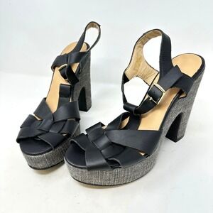 Anthropologie T-Strap Platform Sandal‎ Leather Twill Black 41